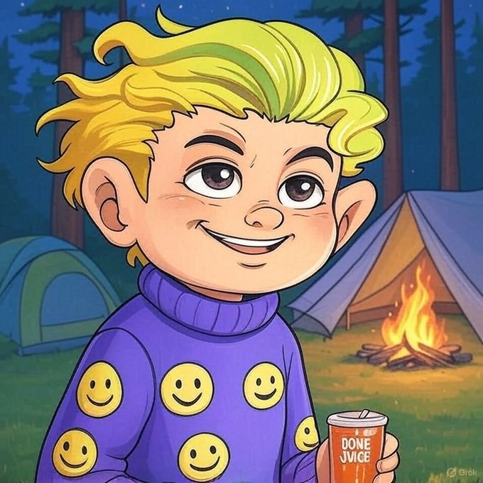 A cartoon illustration of a smiling blonde character wearing a purple sweater with yellow smiley faces, holding a cup labeled 'DONE JUICE' while camping.