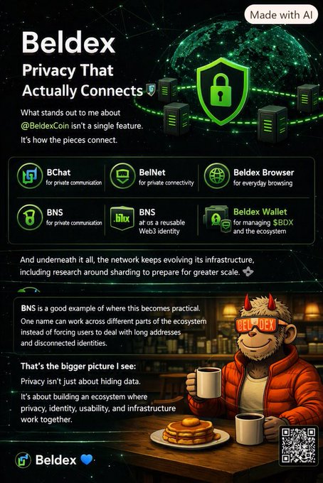 An infographic about the Beldex privacy ecosystem, featuring a logo, icons for products like BChat, BelNet, and Beldex Wallet, and a cartoon character holding a coffee mug, marked 'Made with AI'.