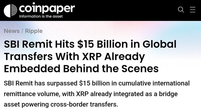 Coinpaper headline reads "SBI Remit Hits $15 Billion in Global Transfers With XRP Already Embedded Behind the Scenes," highlighting SBI Remit's $15 billion in cumulative international remittance volume powered by XRP as a bridge asset, aligning with the post's emphasis on Ripple's ODL facilitating cross-border transfers via $XRP.