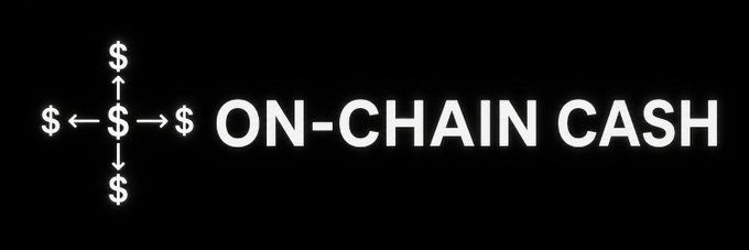 A black graphic with white text reading 'ON-CHAIN CASH,' featuring dollar signs connected by arrows pointing outward in four directions from a central dollar sign.