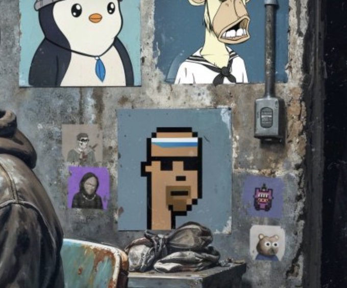A pixelated face character painted on canvas hangs on a weathered, concrete wall alongside other artwork including a penguin, a goat-like figure, and various small portraits. The graffiti-style street art matches the post's excitement about discovering Project Shiesty's work on Beeple's platform.