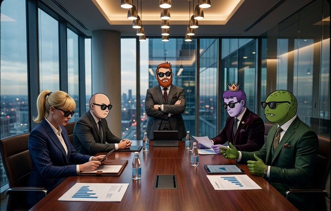 The image depicts a group of people sitting around a conference table with laptops open in front of them. The individuals are dressed professionally, wearing suits and sunglasses. One person at the end of the table has a crown on their head, adding an element of fantasy or whimsy to the scene. The overall atmosphere suggests that they might be discussing business matters or working together on a project.
