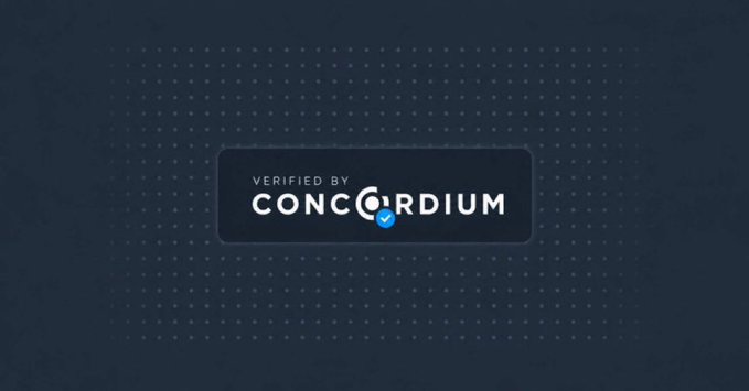 A dark screen showing a 'VERIFIED BY CONCORDIUM' badge with a blue checkmark.