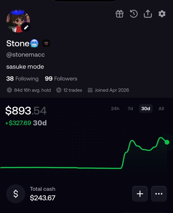 A mobile trading app profile showing a user named "Stone" (@stonemacc) with the bio "sasuke mode," displaying a portfolio value of $893.54 with a 30-day gain of +$327.69 and a green upward-trending graph.