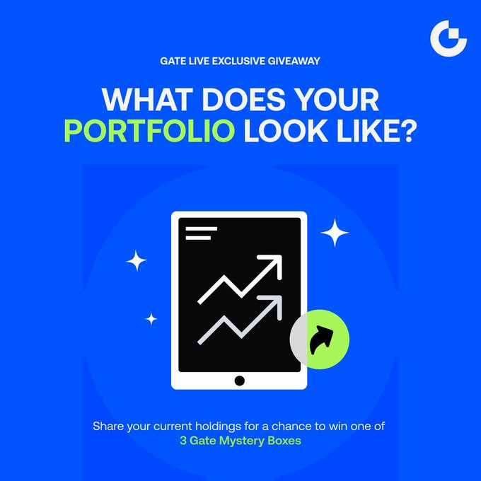 A blue promotional graphic from Gate.io announces a 'GATE LIVE EXCLUSIVE GIVEAWAY' asking 'WHAT DOES YOUR PORTFOLIO LOOK LIKE?' with '3 Gate Mystery Boxes' as the prize.