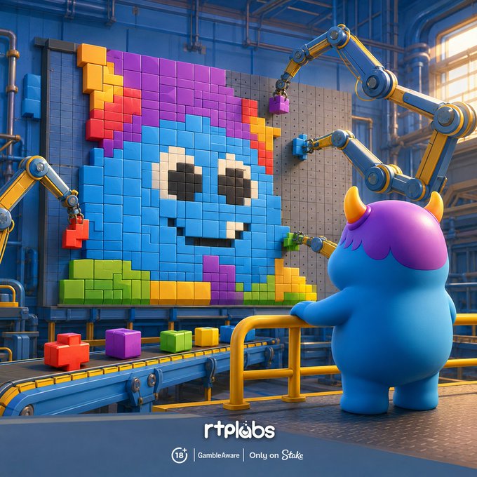 An 'rtplabs' promotional image featuring a blue 3D cartoon monster watching robotic arms assemble colorful Tetris-like blocks into a pixel art character face.