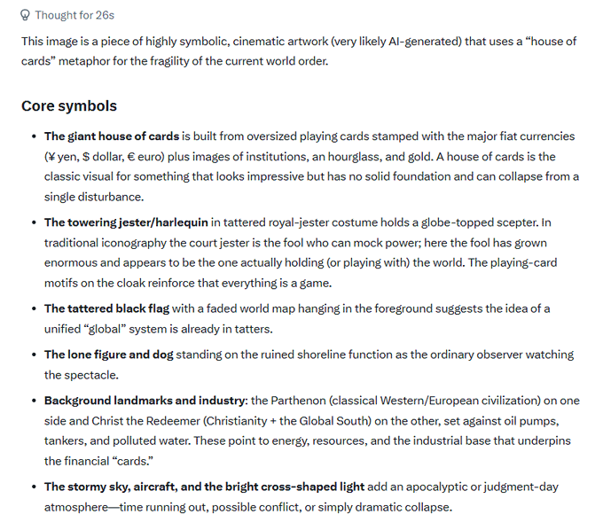 A screenshot of a Grok analysis titled "Thought for 26s" that breaks down an AI-generated allegorical artwork depicting the fragility of the global financial order. The response identifies core symbols including a house of cards stamped with currencies (¥, $, €), a towering jester holding a globe-topped scepter, the Parthenon and Christ the Redeemer in the background, and a lone figure with a dog observing the apocalyptic scene.