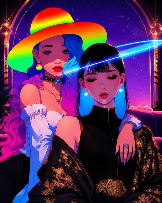 A vibrant anime-style illustration features two women with colorful hair, including one wearing a rainbow cowboy hat, set against a purple cosmic background.
