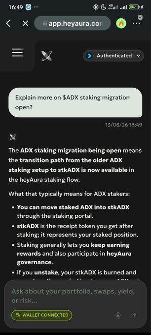 The image shows a screenshot of a heyAura AI chat interface where a user has asked, "Explain more on $ADX staking migration open?" and received a detailed response explaining that ADX staking migration is now available through the heyAura staking portal, allowing staked ADX to be moved into stkADX (the receipt token representing the staked position), with continued earning of rewards and governance participation.