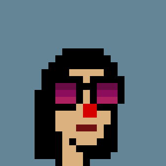 A highly pixelated, low-resolution image of a face with dark hair and glasses against a blue background.