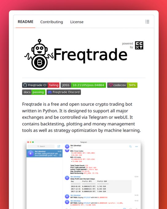 A screenshot of the Freqtrade GitHub README page, showing the Freqtrade logo (a robot with a Bitcoin) and a description: 'Freqtrade is a free and open source crypto trading bot written in Python. It is designed to support all major exchanges and be controlled via Telegram or webUI.' Badges indicate it is failing CI, powered by Java/JOSS 10.21105/joss.04864, and has 94% codecov coverage.