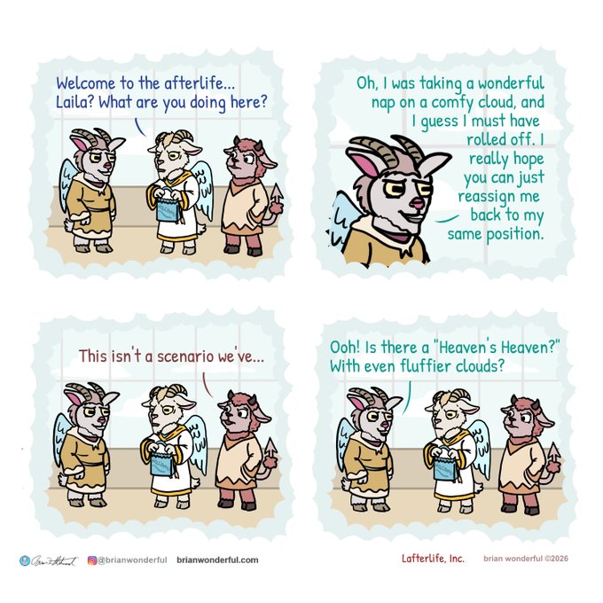 The image features a cartoon depiction of four goats, each with different colored clothing and accessories, standing together against a white background. The goats are arranged in two rows, with one row positioned above the other. Each goat has a unique appearance that adds character to the scene. The text accompanying the image reads "Welcome to the afterlife...Lala What are you doing here? roll off I guess must have reason just hope back my position". This humorous and whimsical cartoon seems to be related to Bitcoin rewards, as it uses anthropomorphic animals to convey a message about trust in digital currency.

The post also includes an image of a goat with a "L" on its forehead, which is likely meant to represent the word "bitcoin". The caption at the bottom of the image reads "Real #Bitcoin rewards are the whole point Not promises Not vibes Just sata landing in holders wallets everu day That's the kind of bull case I actually trust".