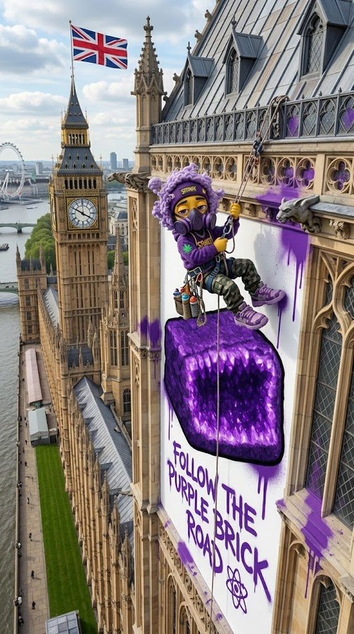 A graffiti artist rappels down the side of Big Ben in London, spray-painting a large purple brick mural with the message "Follow the Purple Brick Road" — a creative on-location branding piece promoting the artist "Stoney" and the $XPR token, as called out in the post.