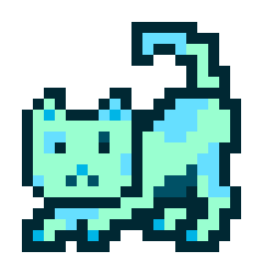 A pixel art illustration of a blue cat with a long tail, shown in a classic 8-bit video game style.