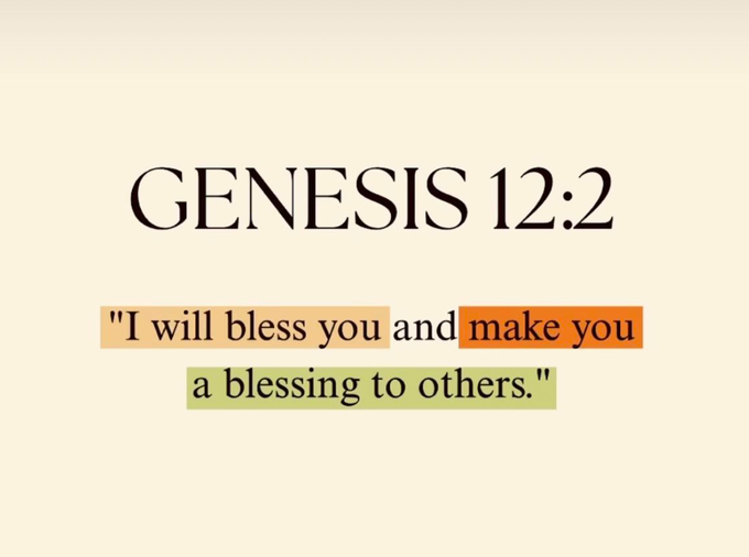 A minimalist graphic displays the Bible verse Genesis 12:2, with the text 'I will bless you and make you a blessing to others' highlighted in different colored boxes.