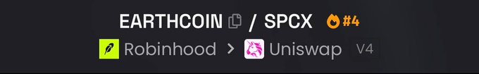 A dark banner displaying 'EARTHCOIN / SPCX' with icons for Robinhood and Uniswap V4.