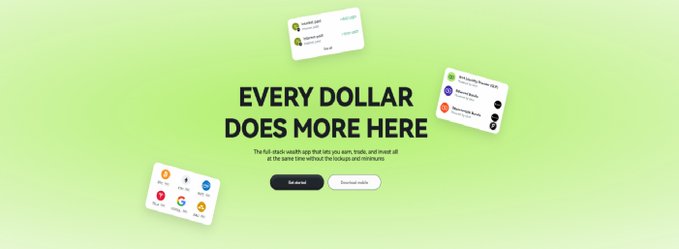 A lime-green webpage banner reads “EVERY DOLLAR DOES MORE HERE,” with smaller text about crypto price impact and buttons including “Get started” and “Download mobile.”