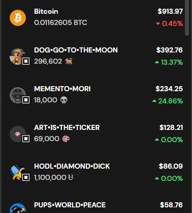A cryptocurrency price list showing Bitcoin at $913.97, along with meme coins like 'DOG•GO•TO•THE•MOON' ($392.76), 'MEMENTO•MORI' ($234.25), and 'HODL•DIAMOND•DICK' ($88.09).