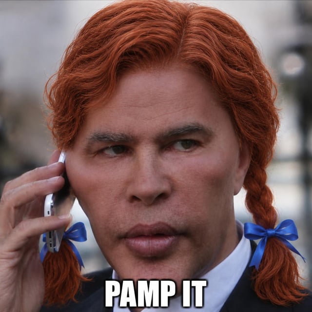 A man with braided red hair holding a phone to his ear with the caption 'PAMP IT'.