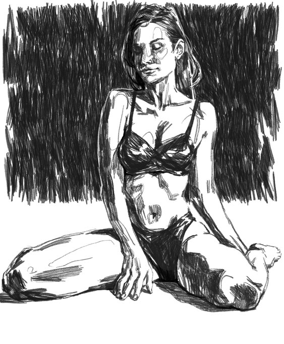 A black and white sketch of a woman in lingerie sitting cross-legged on the floor with a dark, heavily shaded background.