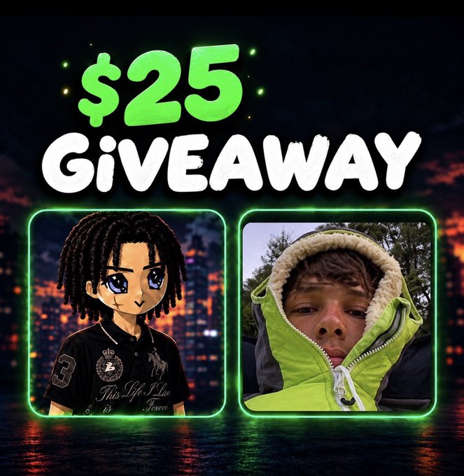 A promotional giveaway graphic featuring the bold text "$25 GIVEAWAY" displayed above two side-by-side photos—one of an animated avatar with dreadlocks and another of a young person in a green hooded jacket—both framed by glowing green borders against a dark city skyline backdrop, promoting a cash prize giveaway for social media followers.