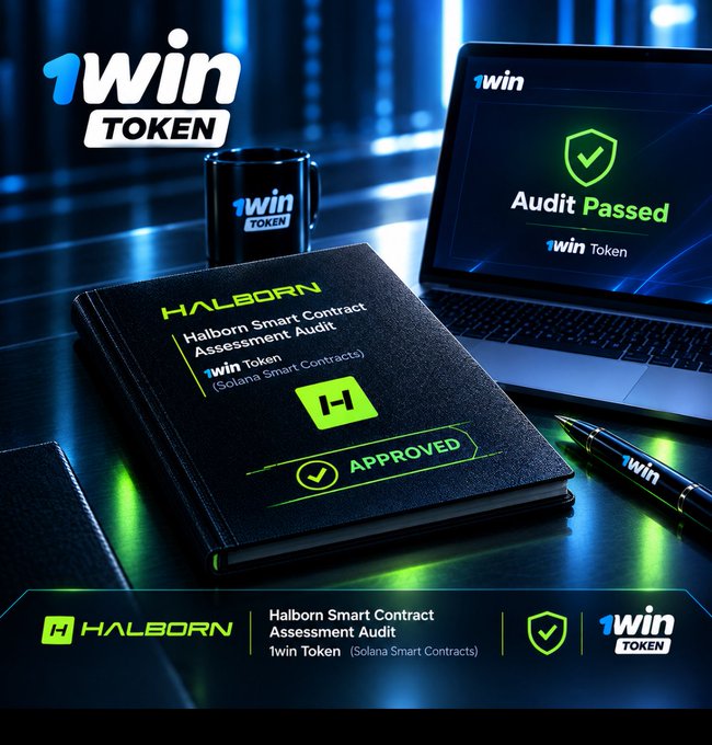 A promotional image featuring a notebook labeled 'HALBORN Halborn Smart Contract Assessment Audit, 1win Token (Solana Smart Contracts)' marked 'APPROVED,' alongside a laptop displaying 'Audit Passed' and a '1win TOKEN' logo.
