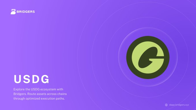 A promotional graphic for USDG on Bridgers, with text 'USDG - Explore the USDG ecosystem with Bridgers. Route assets across chains through optimized execution paths.' and dapp.bridgers.xyz, featuring a green circular logo on a purple background.
