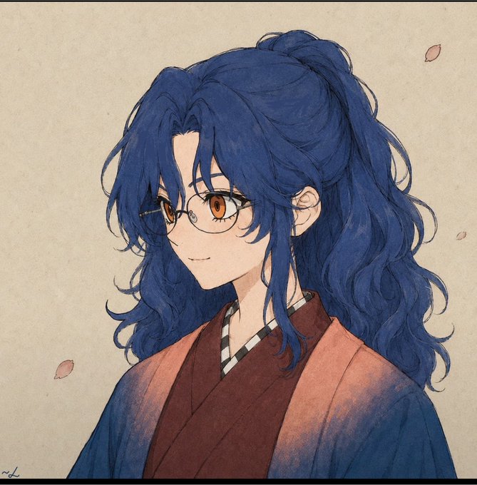 An anime-style illustration of a young woman with long, wavy dark blue hair, amber eyes, and round glasses, wearing a red and orange kimono with falling pink petals in the background.