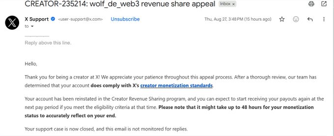 An email from X Support to CREATOR-235214 'wolf_de_web3' stating their revenue share appeal was successful and account complies with creator monetization standards.