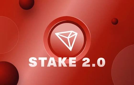 A red graphic displaying the Tron logo in a circle with the text 'STAKE 2.0' beneath it.