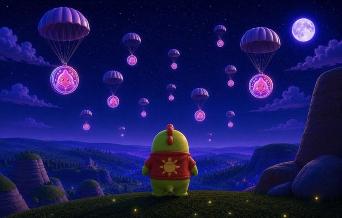 A digital illustration of a green character with a sun on its shirt standing on a hill, watching numerous parachutes with glowing pink orbs descending from a starry night sky under a full moon.