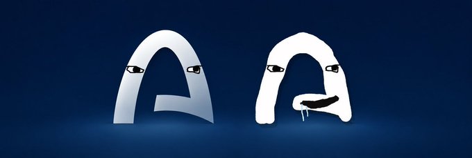 Two cartoon-style letters 'A' and 'B' with eyes on a dark blue background, where the 'A' is light blue/grey and the 'B' is white with what appears to be drool.