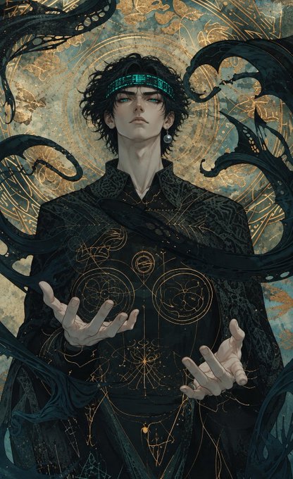 A dark, stylized illustration of a young man with a headband, wearing an ornate black robe decorated with gold geometric symbols, surrounded by dark tendrils.