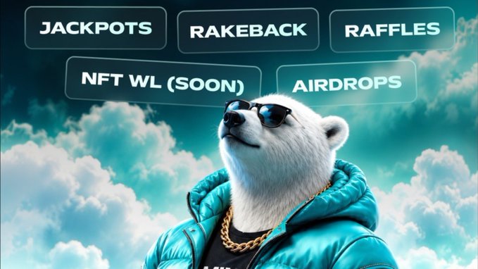 A polar bear wearing sunglasses and a teal puffer jacket with a gold chain stands against a cloudy sky, surrounded by floating buttons labeled "JACKPOTS," "RAKEBACK," "RAFFLES," "NFT WL (SOON)," and "AIRDROPS." The image visually showcases PlayOnMint's organized rewards interface, complementing the post's point about the platform keeping each reward type—like rakeback—in its own separate section with its own claim button.