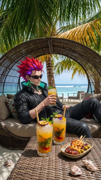 A vibrant, punk-styled character with spiky red and purple hair lounges in a beachside cabana, sipping a tropical cocktail alongside fresh drinks and a plate of skewered appetizers on a woven table. The laid-back, vacation-like scene reflects the post's theme of stepping back from the crypto market's noise to relax and focus on what truly matters.