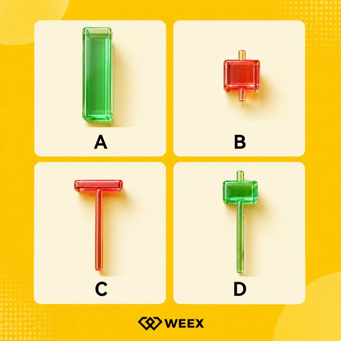 The image shows four colored shapes labeled A-D on a yellow background: A is a green vertical rectangle, B is a red square, C is a red T-shape, and D is a green T-shape, with the "WEEY" (WEEX) logo at the bottom.