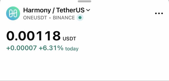 Mobile crypto price tracker showing Harmony (ONE) trading at 0.00118 USDT on Binance, up 6.31% for the day.