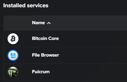 Installed services panel listing Bitcoin Core, File Browser, and Fulcrum as active services with their respective icons.