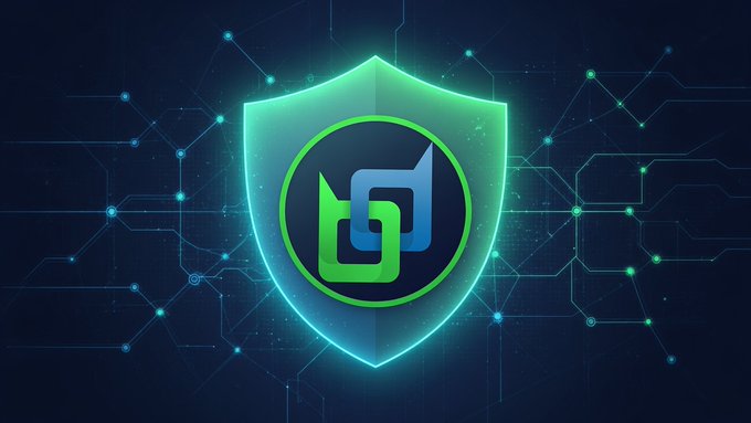 A digital illustration shows a glowing green shield with a stylized blue and green logo inside, set against a dark blue background with glowing circuit board patterns.