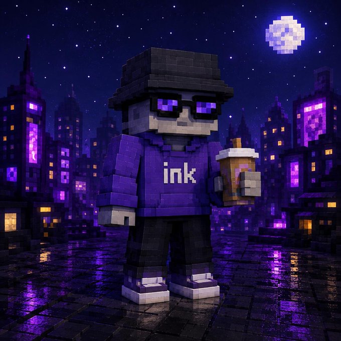 A voxel-style 3D rendering depicts a Minecraft-like character wearing purple glasses, a purple hoodie labeled 'ink', and black pants, holding a cup under a full moon in a purple-lit cityscape.