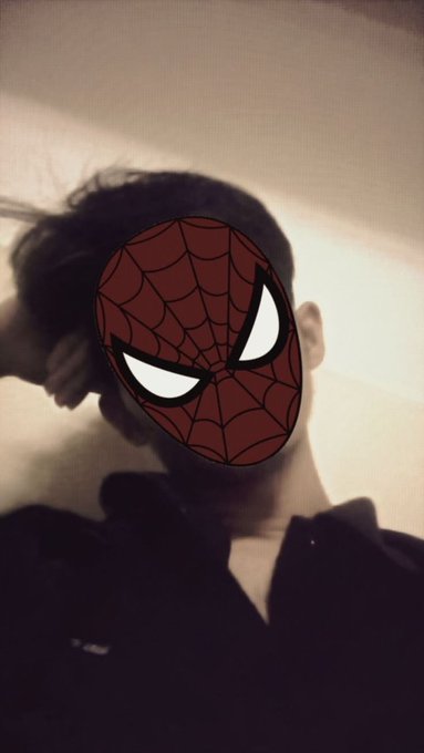 A person wearing a black hoodie has their face obscured by a large Spider-Man mask emoji in what appears to be a mirror selfie.