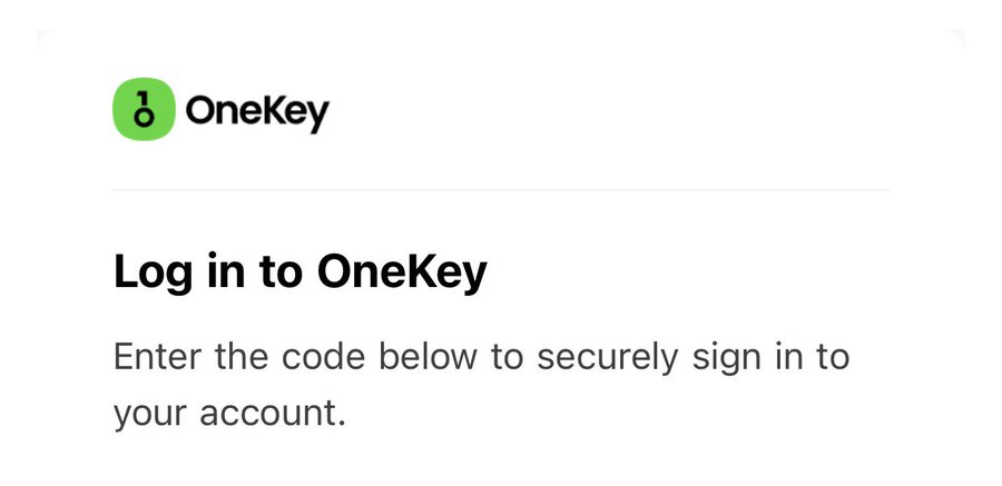 A OneKey login page displaying the message "Enter the code below to securely sign in to your account" alongside the OneKey logo, corresponding to the verification code email the user received at midnight.