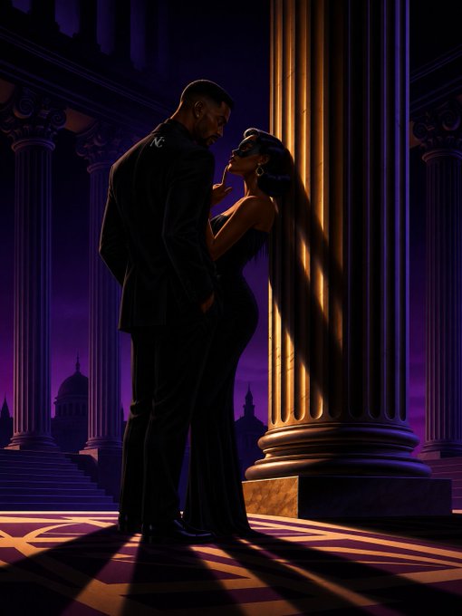 A romantic, stylized digital illustration of a man and woman in black formal wear embracing near a large golden pillar, set against a purple twilight backdrop with classical architecture.