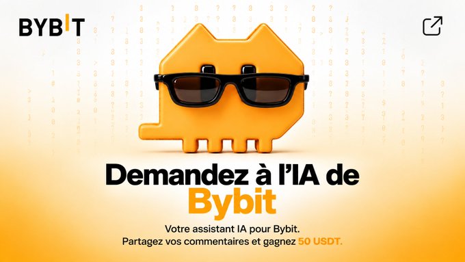 A Bybit promotional graphic featuring an orange mascot wearing sunglasses, with the French text 'Demandez à l'IA de Bybit' and a mention of winning 50 USDT.