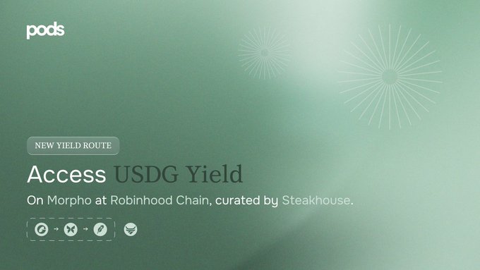 A promotional graphic with a green background displaying text including 'pods', 'NEW YIELD ROUTE', 'Access USDG Yield', and 'On Morpho at Robinhood Chain, curated by Steakhouse.'