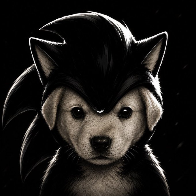 A black-and-white stylized digital illustration of a small puppy with wild, spiky hair resembling an anime character's hairstyle, set against a dark background.