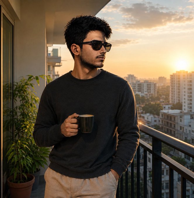 A young man with dark hair and sunglasses, wearing a black sweater, stands on a balcony holding a black mug with a cityscape visible behind him during sunset.