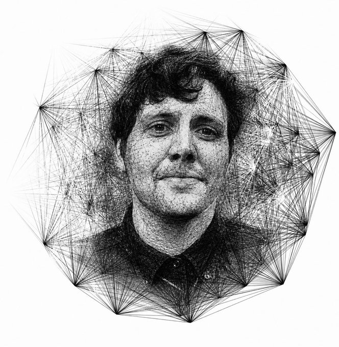 A wireframe/mesh-style geometric portrait illustration of a man in a dark button-up shirt, rendered in black lines on a white background forming a polygonal pattern.