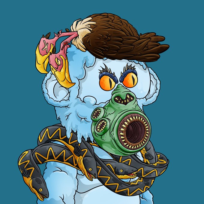 A surreal digital illustration of a character with an eagle head wearing a fur hat, a green gas mask with sharp teeth, and a snake with orange and black patterns wrapped around its body.