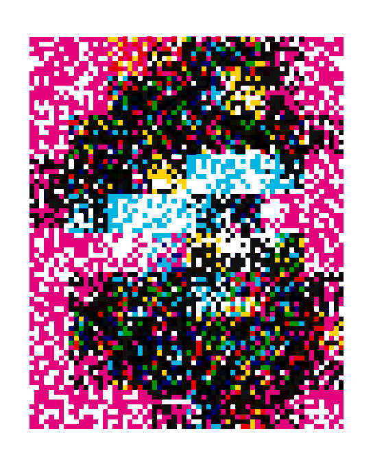 A glitched, pixelated digital artwork dominated by hot pink, black, white, and blue colors, featuring distorted facial features obscured by scattered colored blocks.